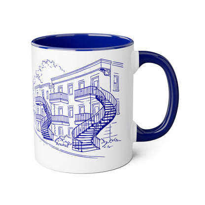 Tasse Montréal 2 tons bleu cobalt et roug — Illustration café terrasse