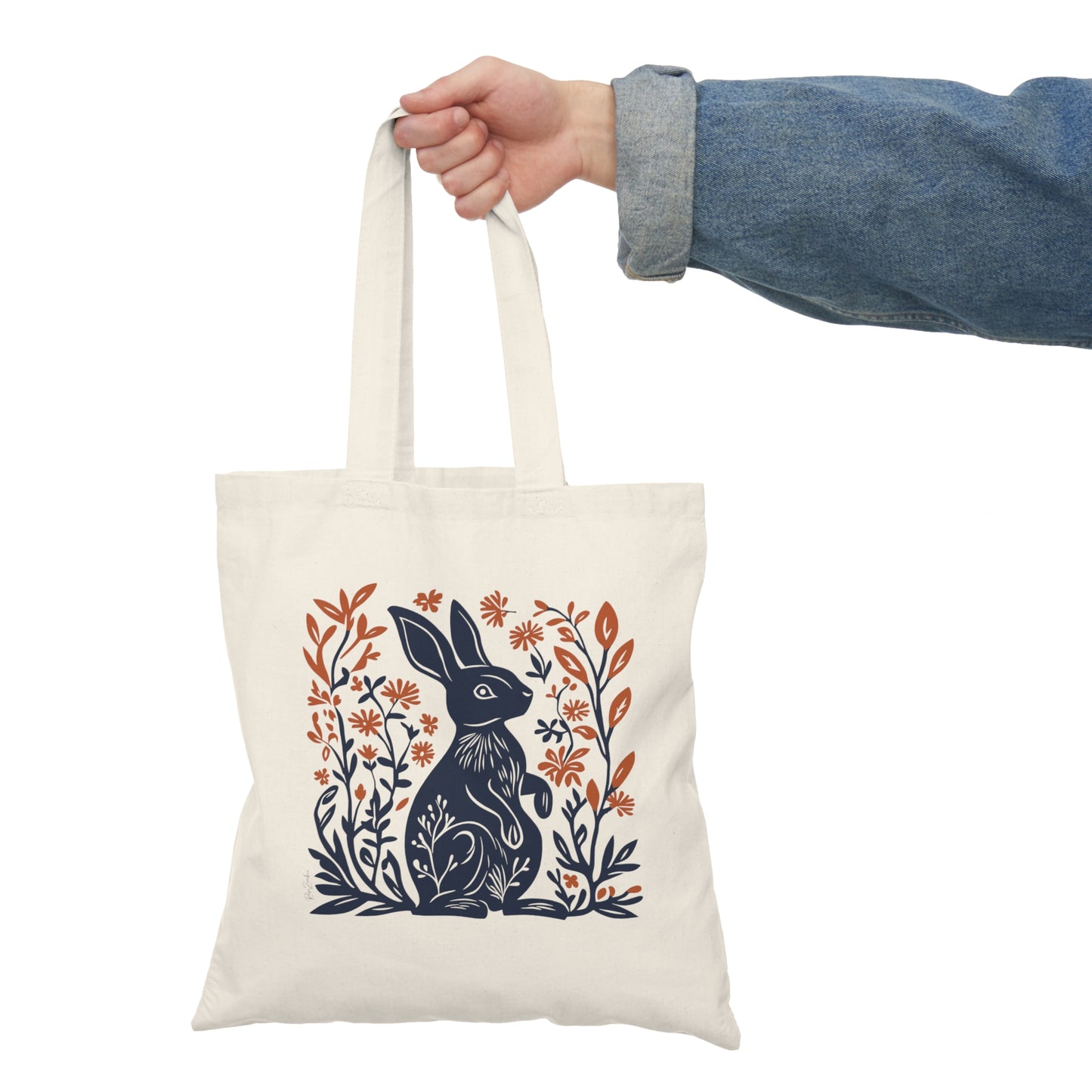 Sac tote beige en coton éthique — Lapin style linogravure