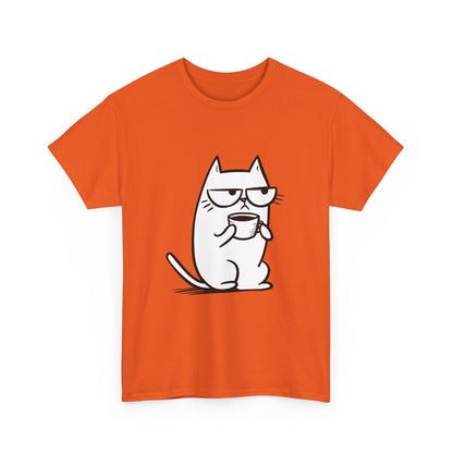 Sustainable Cotton T-Shirt - Sarcastic Cat with Mug