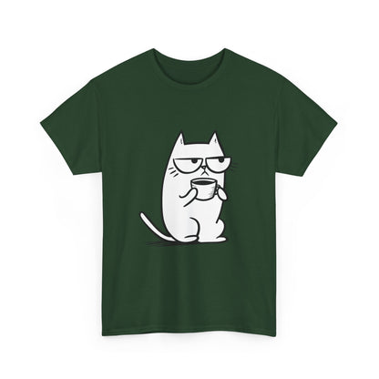 Sustainable Cotton T-Shirt - Sarcastic Cat with Mug