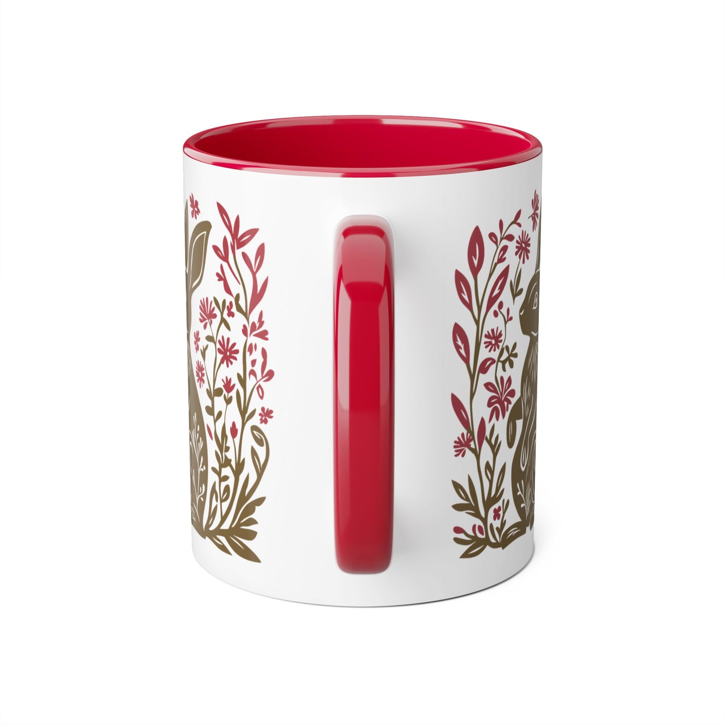 Tasse bicolore — Lapin folk art kaki et fleurs rouge framboise