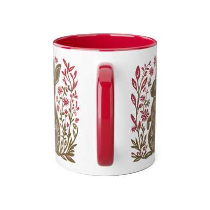 Tasse bicolore — Lapin folk art kaki et fleurs rouge framboise
