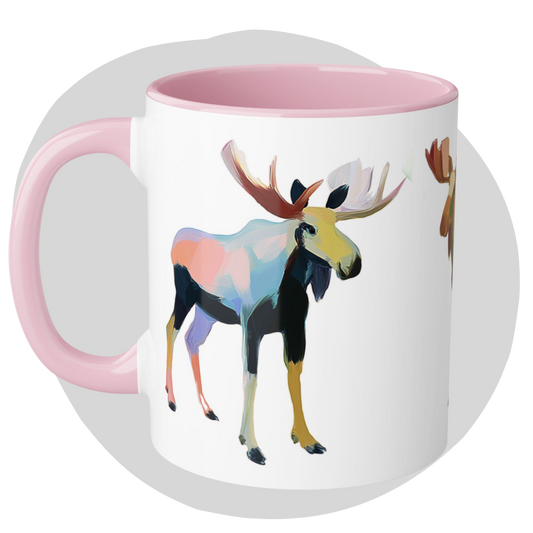 Two-tone pink and white mug — Expressionist multi-colored moose