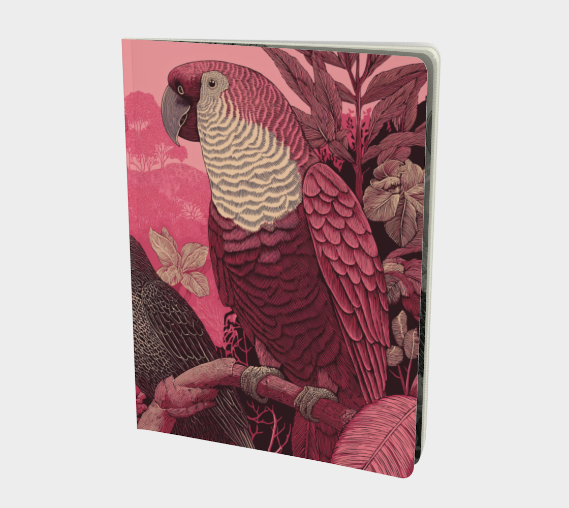 Grand carnet papier recyclé — Illustration perroquet tropical, tons rose et bordeaux