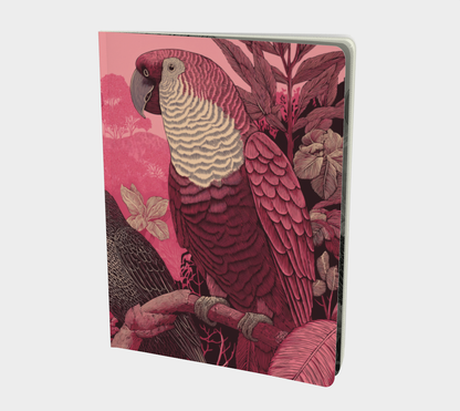 Grand carnet papier recyclé — Illustration perroquet tropical, tons rose et bordeaux