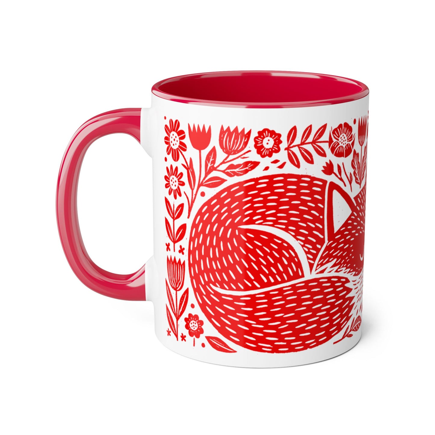 Tasse bicolore — Deux renards endormis linocut rouge vif