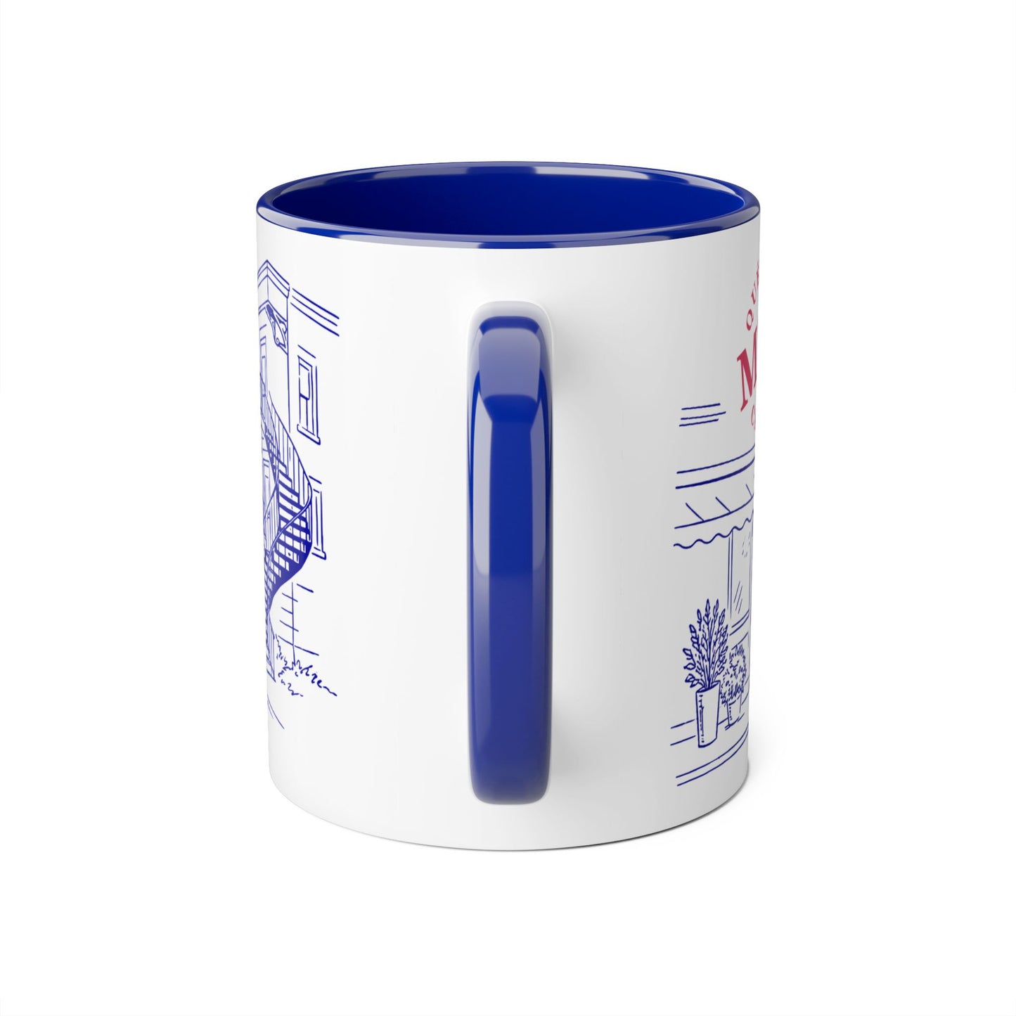 Tasse Montréal 2 tons bleu cobalt et roug — Illustration café terrasse