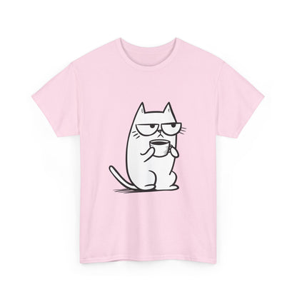 Sustainable Cotton T-Shirt - Sarcastic Cat with Mug