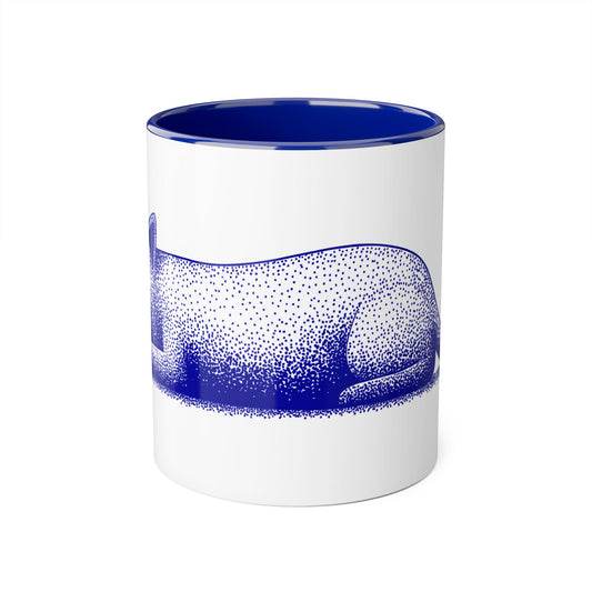 Tasse bicolore — Chat endormi illustration dotwork bleu cobalt