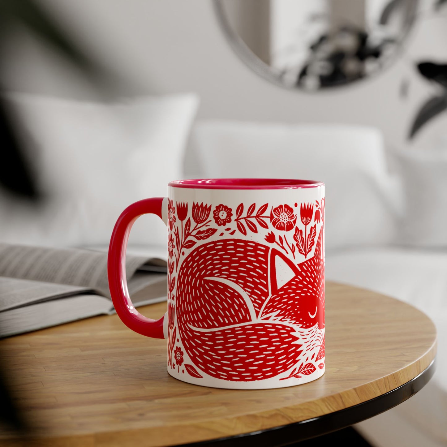 Tasse bicolore — Deux renards endormis linocut rouge vif