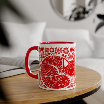 Tasse bicolore — Deux renards endormis linocut rouge vif