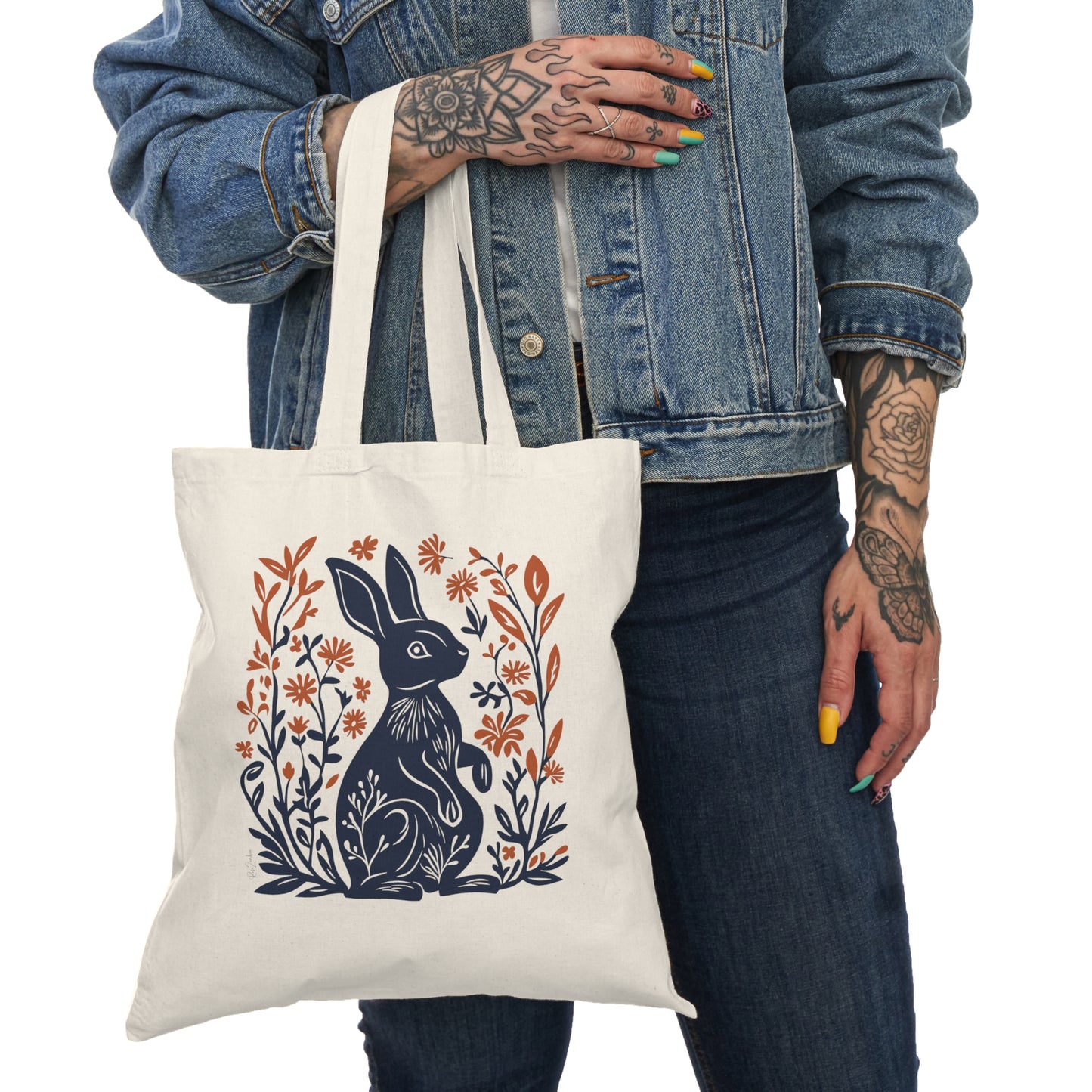 Sac tote beige en coton éthique — Lapin style linogravure