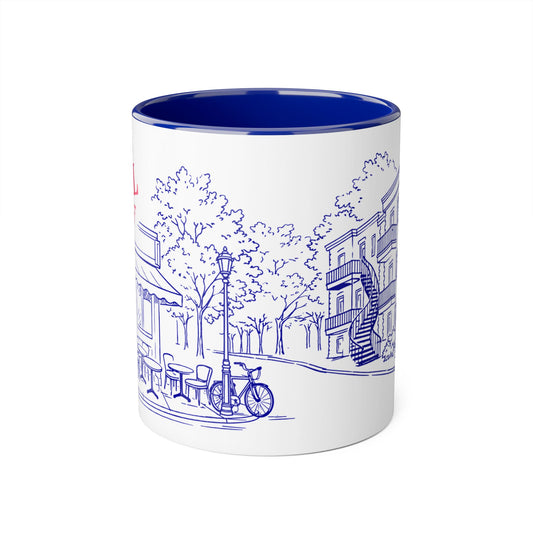 Tasse Montréal 2 tons bleu cobalt et roug — Illustration café terrasse