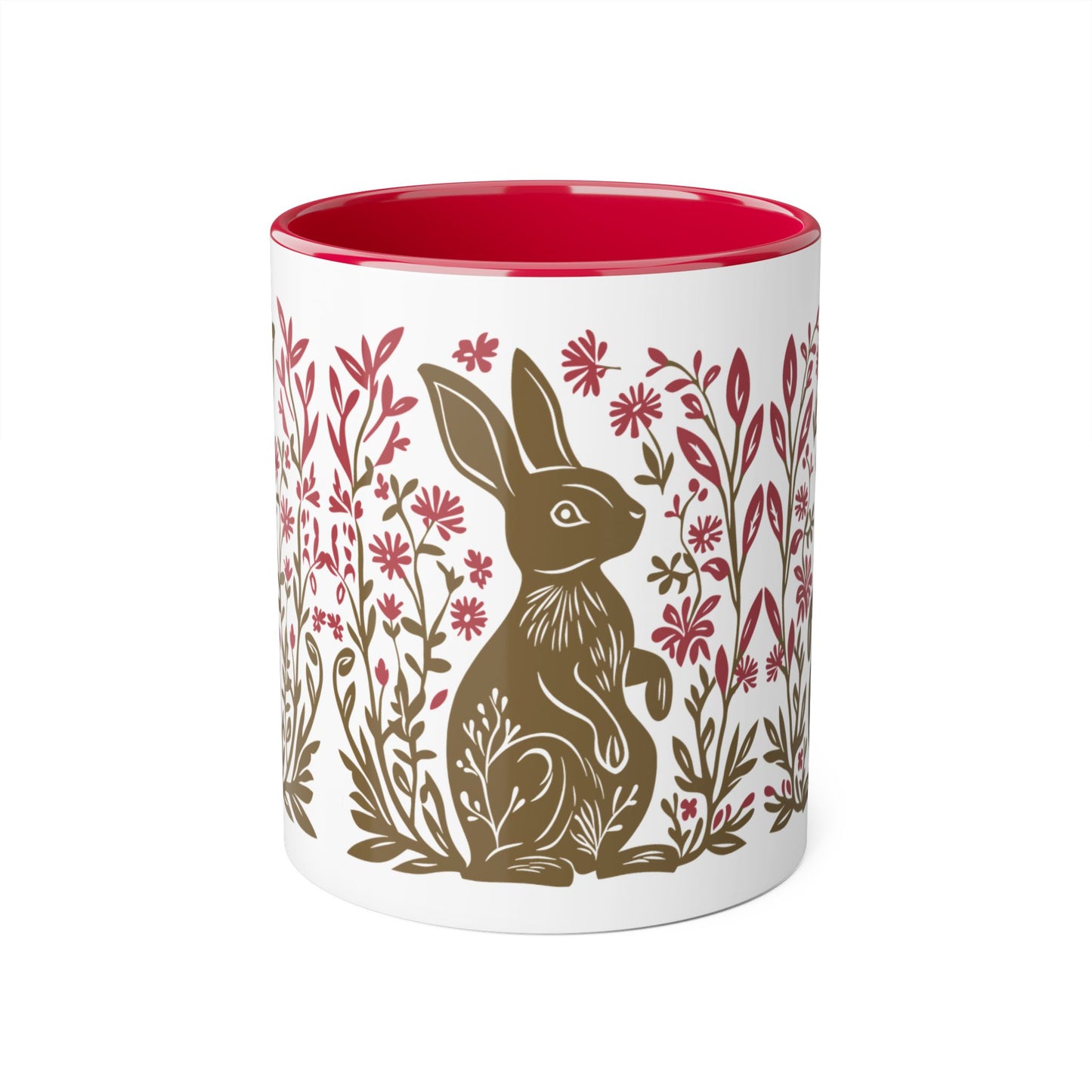Tasse bicolore — Lapin folk art kaki et fleurs rouge framboise
