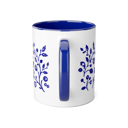 Tasse bicolore — Écureuil linocut botanique bleu cobalt