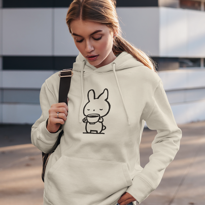 Sweat à capuche en coton durable "Pause Café" – Lapin avec tasse de café