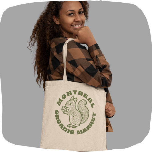 Sac tote en coton écolo - Thème Montréal avec écureuil en style sérigraphie