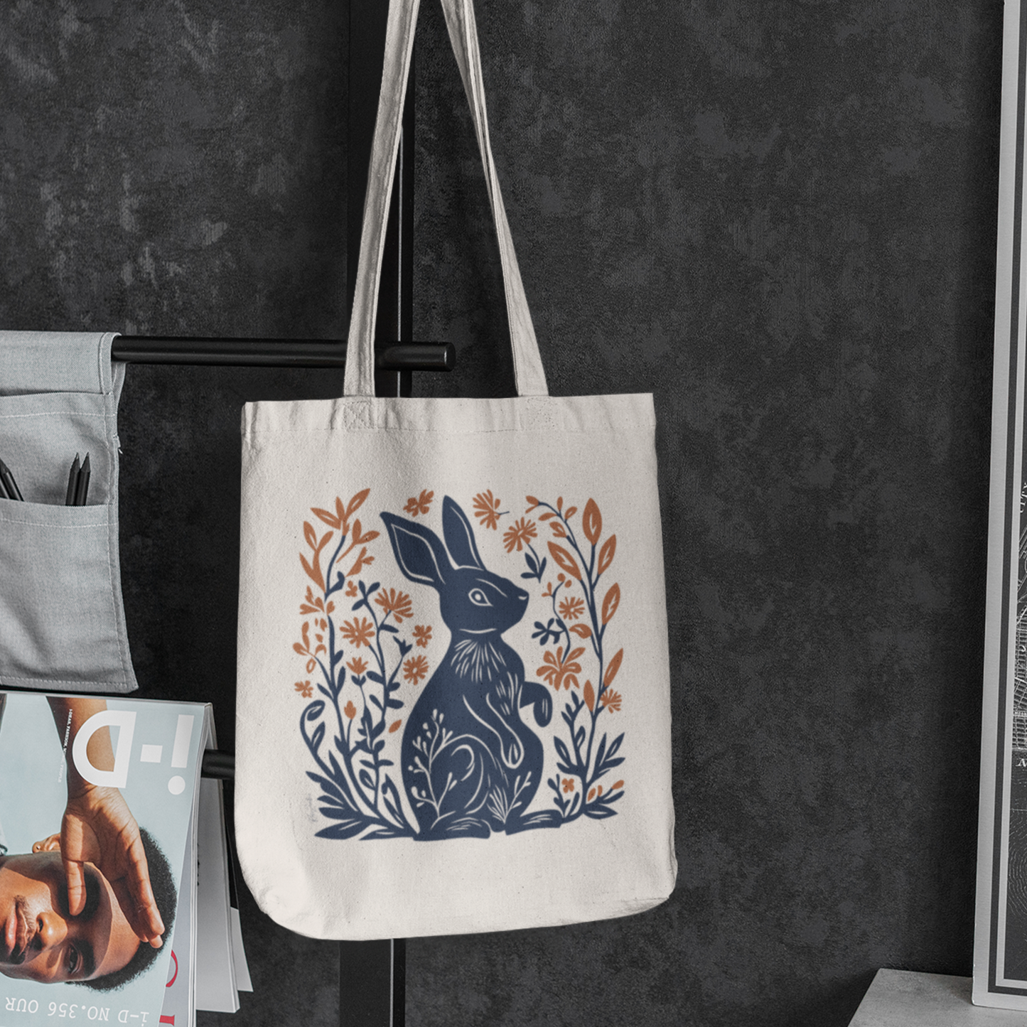 Sac tote beige en coton éthique — Lapin style linogravure