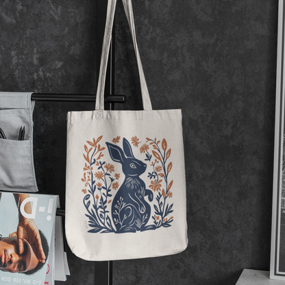 Sac tote beige en coton éthique — Lapin style linogravure