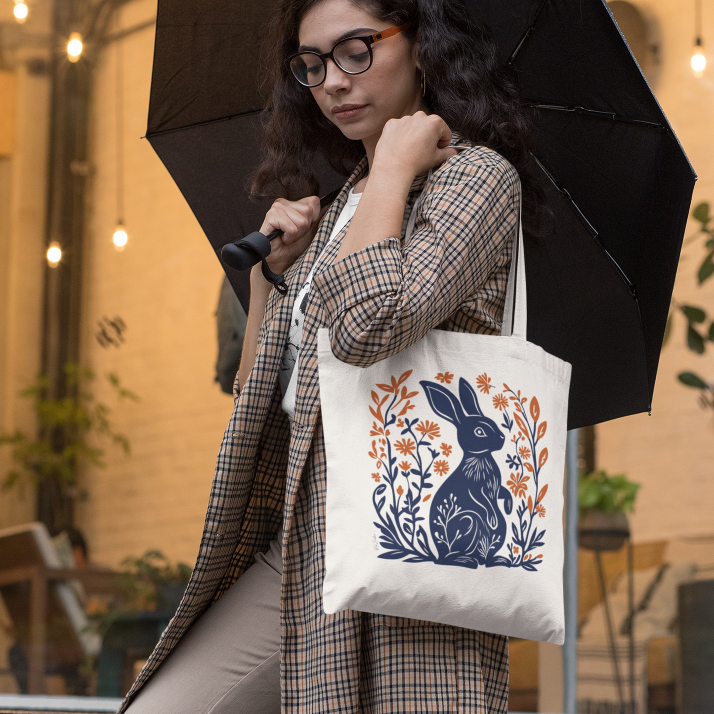 Sac tote beige en coton éthique — Lapin style linogravure