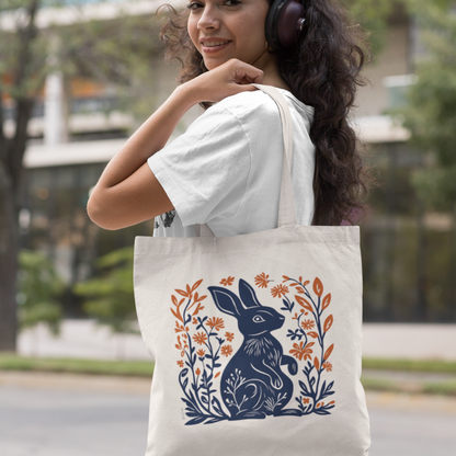 Sac tote beige en coton éthique — Lapin style linogravure