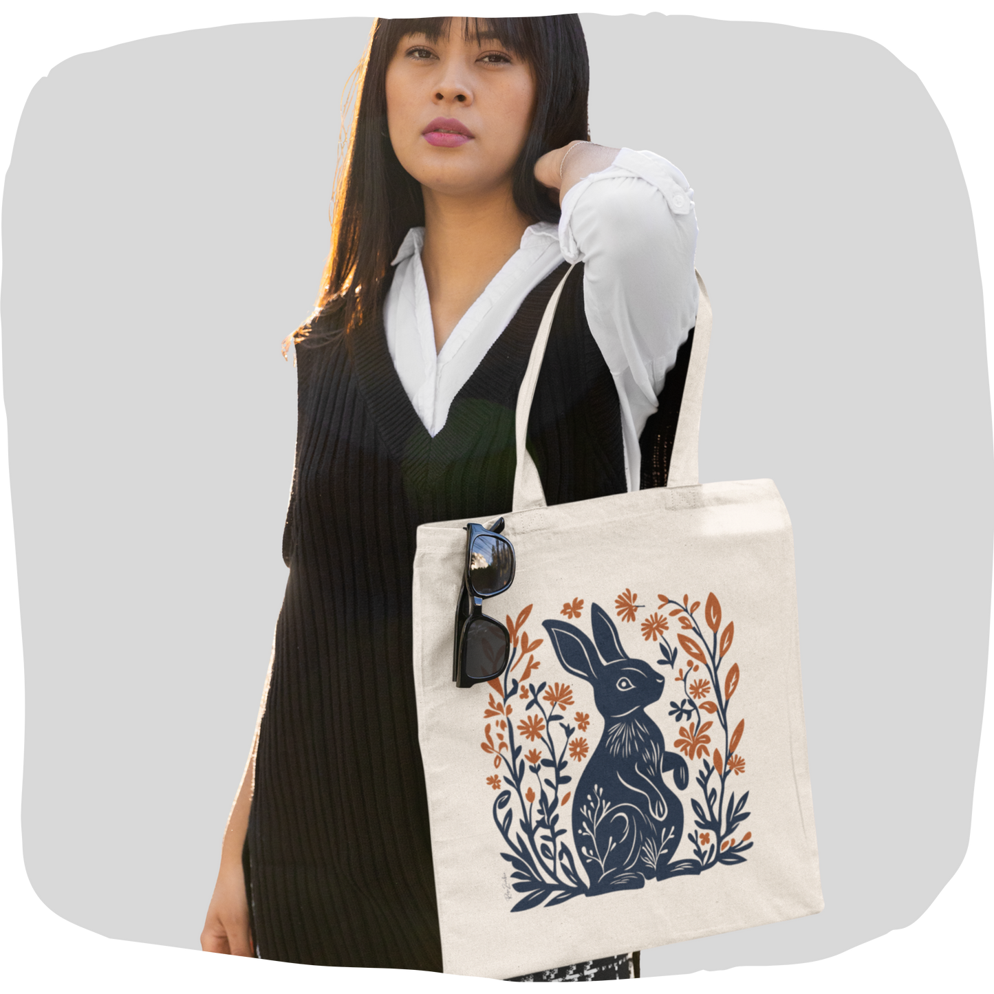 Sac tote beige en coton éthique — Lapin style linogravure