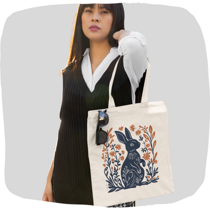 Sac tote beige en coton éthique — Lapin style linogravure