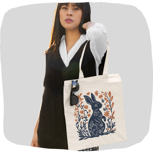 Sac tote beige en coton éthique — Lapin style linogravure