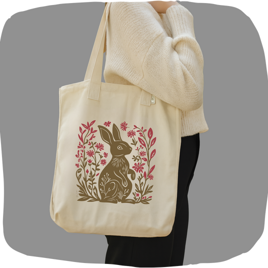 Sac tote de chanvre et coton durable - Imprimé de lapin style linogravure