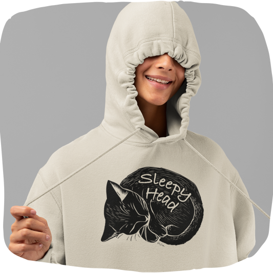 Sweatshirt à capuche en coton bio – Chat endormi en style sérigraphie