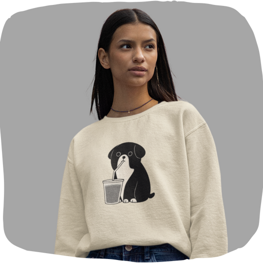 Pull en coton bio – Épaisseur moyenne – Chien et tasse de café glacé