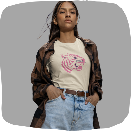 T-shirt en coton biologique - Imprimé de tête de tigre rose
