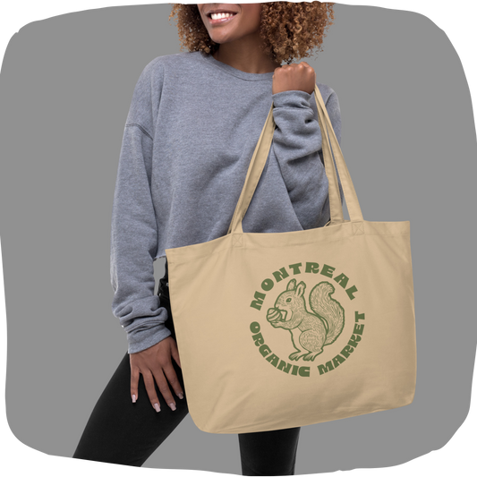 Grand sac tote en coton bio - Thème Montréal avec écureuil en style sérigraphie