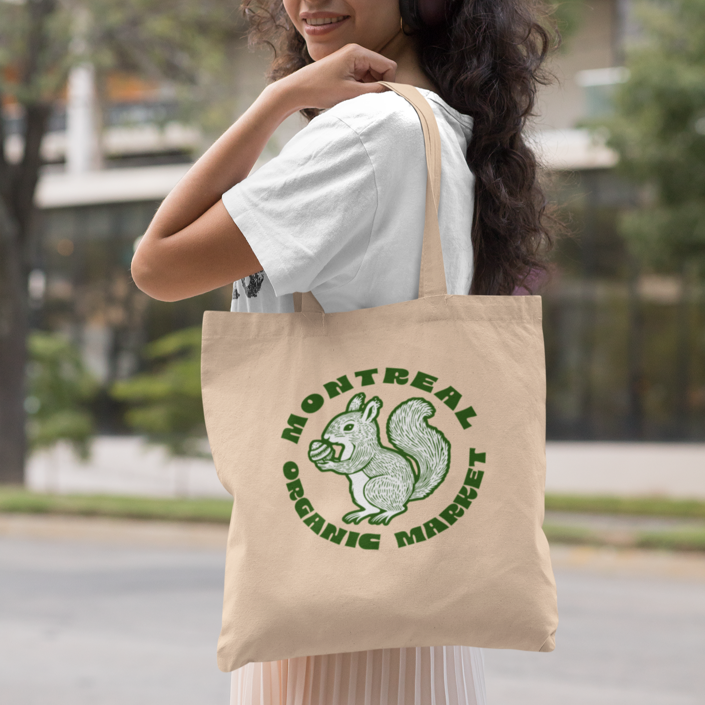 Sac tote en coton bio - Thème Montréal avec écureuil en style sérigraphie