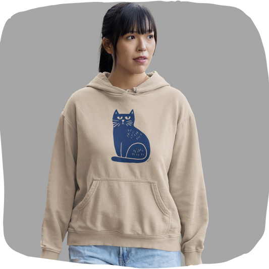 Sweat à capuche en coton durable – Chat bleu minimaliste