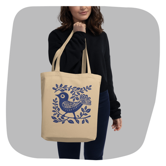 Sac tote beige en coton bio  - Motif artistique d'oiseau - rose zombie