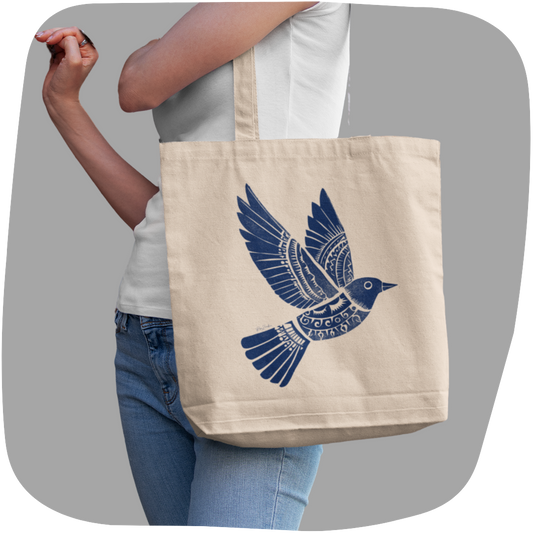 Sac tote en matériaux recyclés - Imprimé d'oiseau style linogravure
