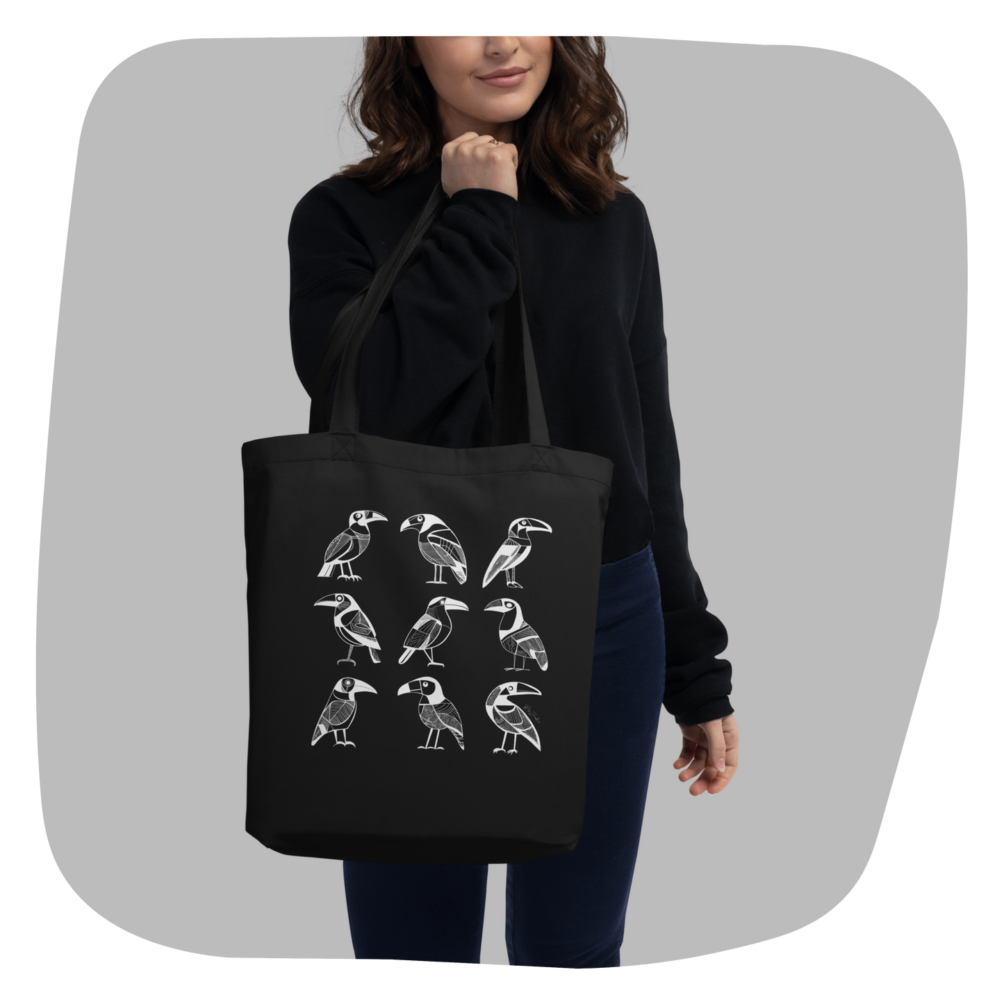 Sac tote noir en coton bio Bella  - Motif d'oiseaux - rose zombie