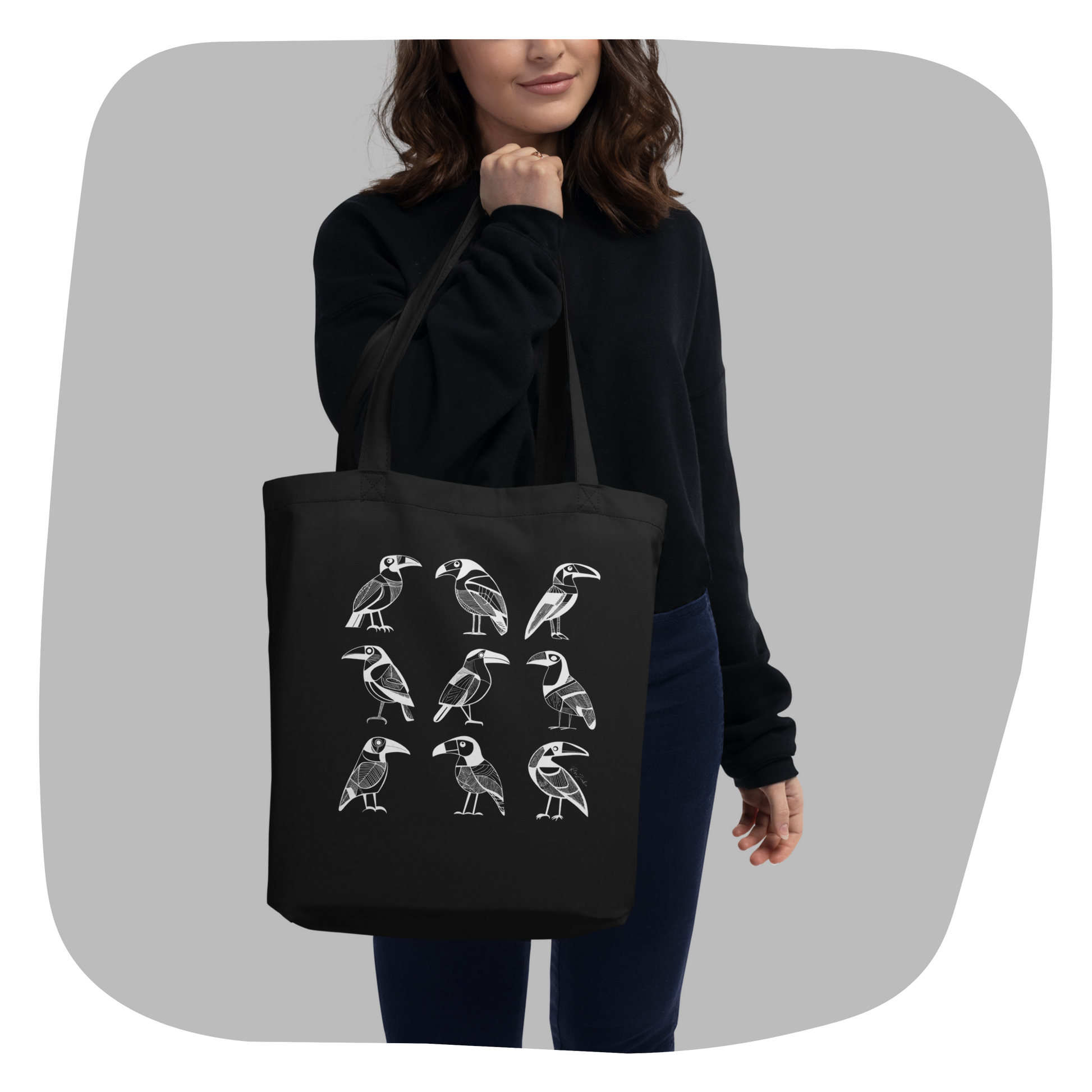 Sac tote noir en coton bio Bella  - Motif d'oiseaux - rose zombie