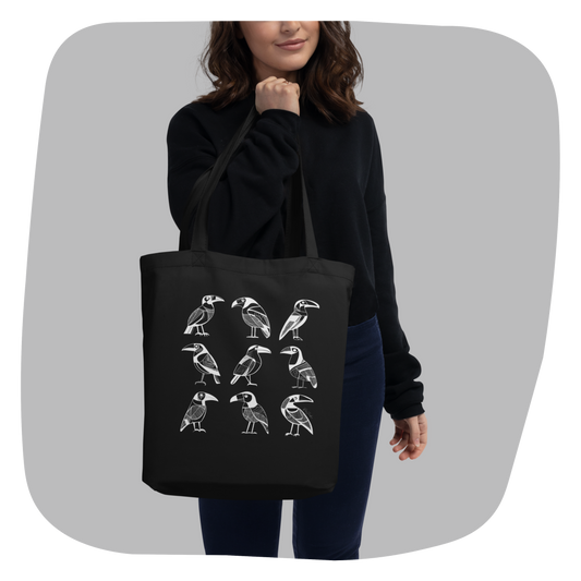 Sac tote noir en coton bio Bella  - Motif d'oiseaux - rose zombie