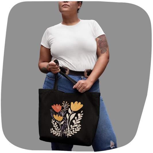 Sac en coton écolo noir - Motif floral - rose zombie