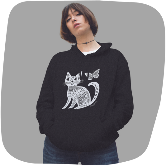 Black ecofriendly hoodie with White cat print