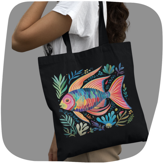Sac tote écolo noir - Motif de poisson tropical - rose zombie