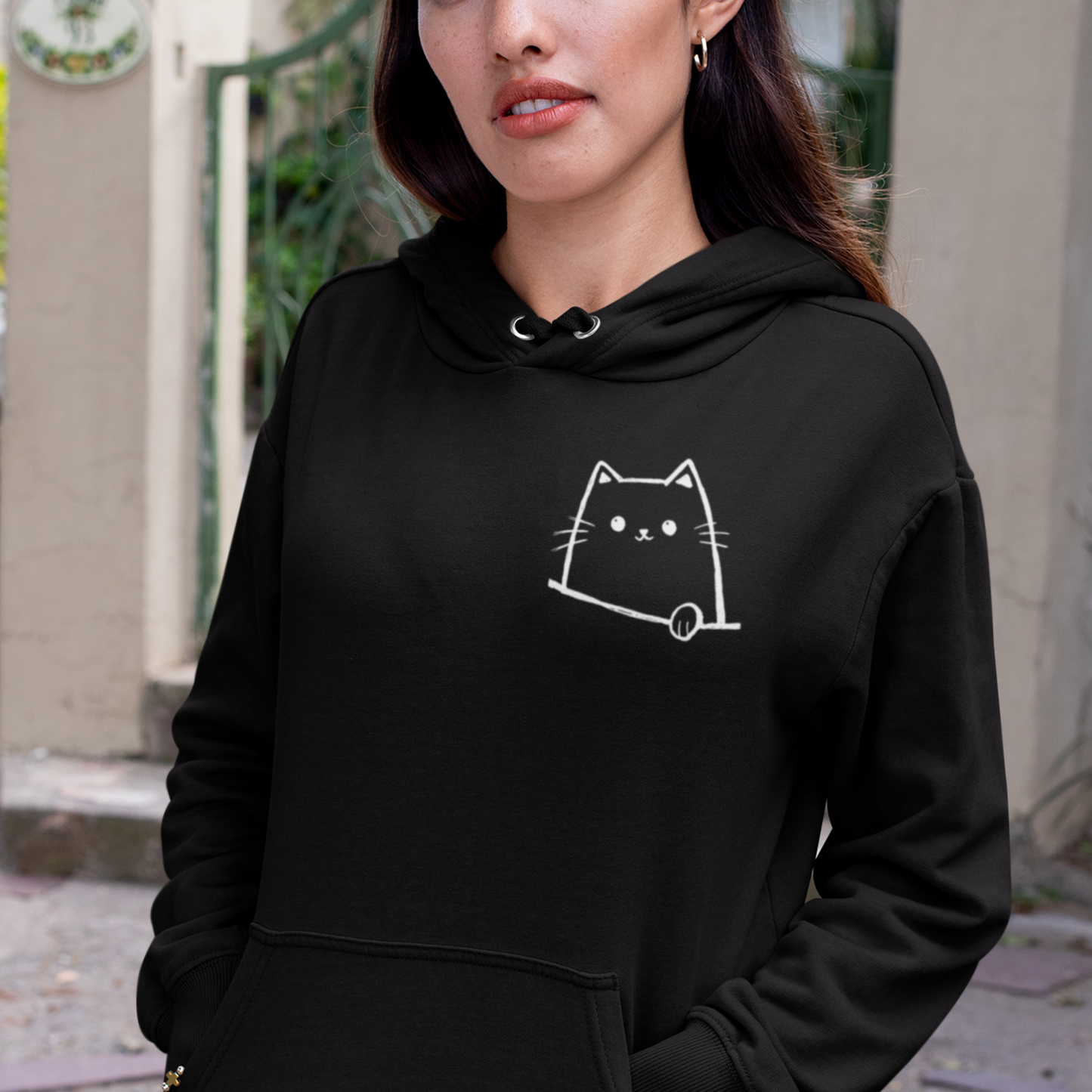 Sweat à capuche en coton durable – Motif de chat minimaliste