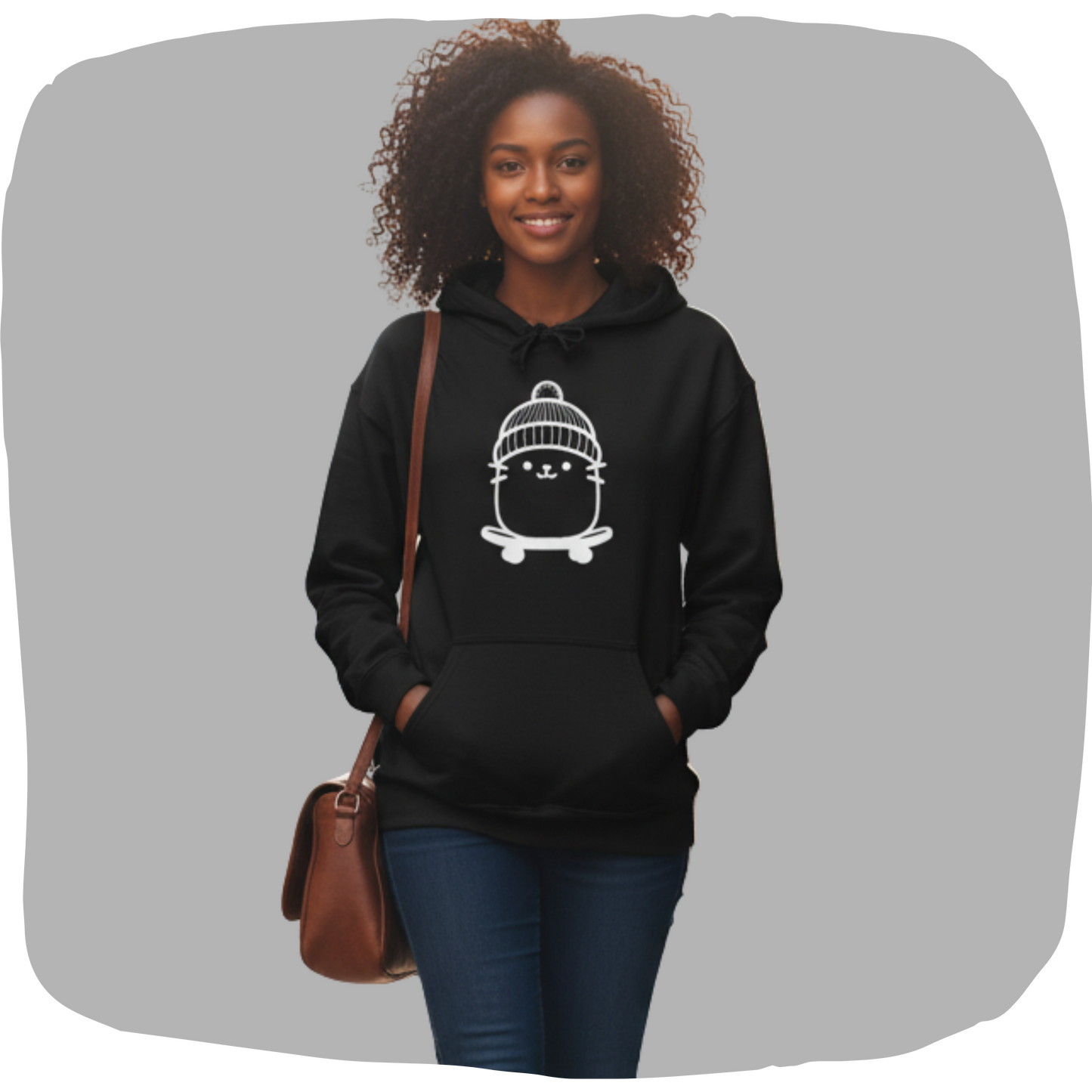 Sweat à capuche en coton durable – Chat kawaii sur planche à roulettes