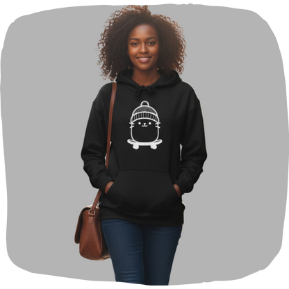 Sweat à capuche en coton durable – Chat kawaii sur planche à roulettes