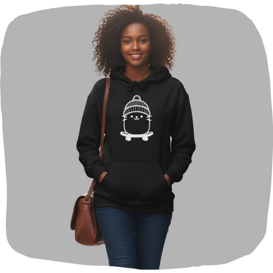 Sweat à capuche en coton durable – Chat kawaii sur planche à roulettes