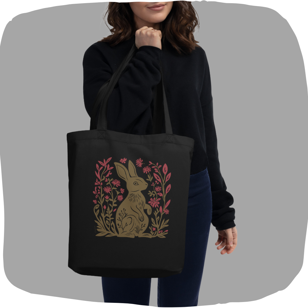 Sac tote noir en coton bio - Imprimé d'un lapin de style linogravure