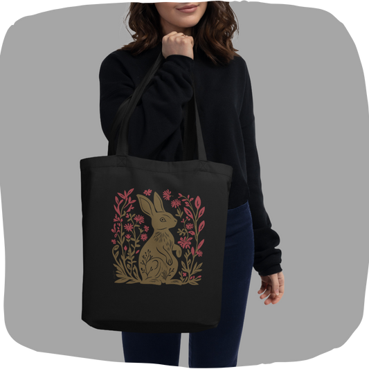 Sac tote noir en coton bio - Imprimé d'un lapin de style linogravure