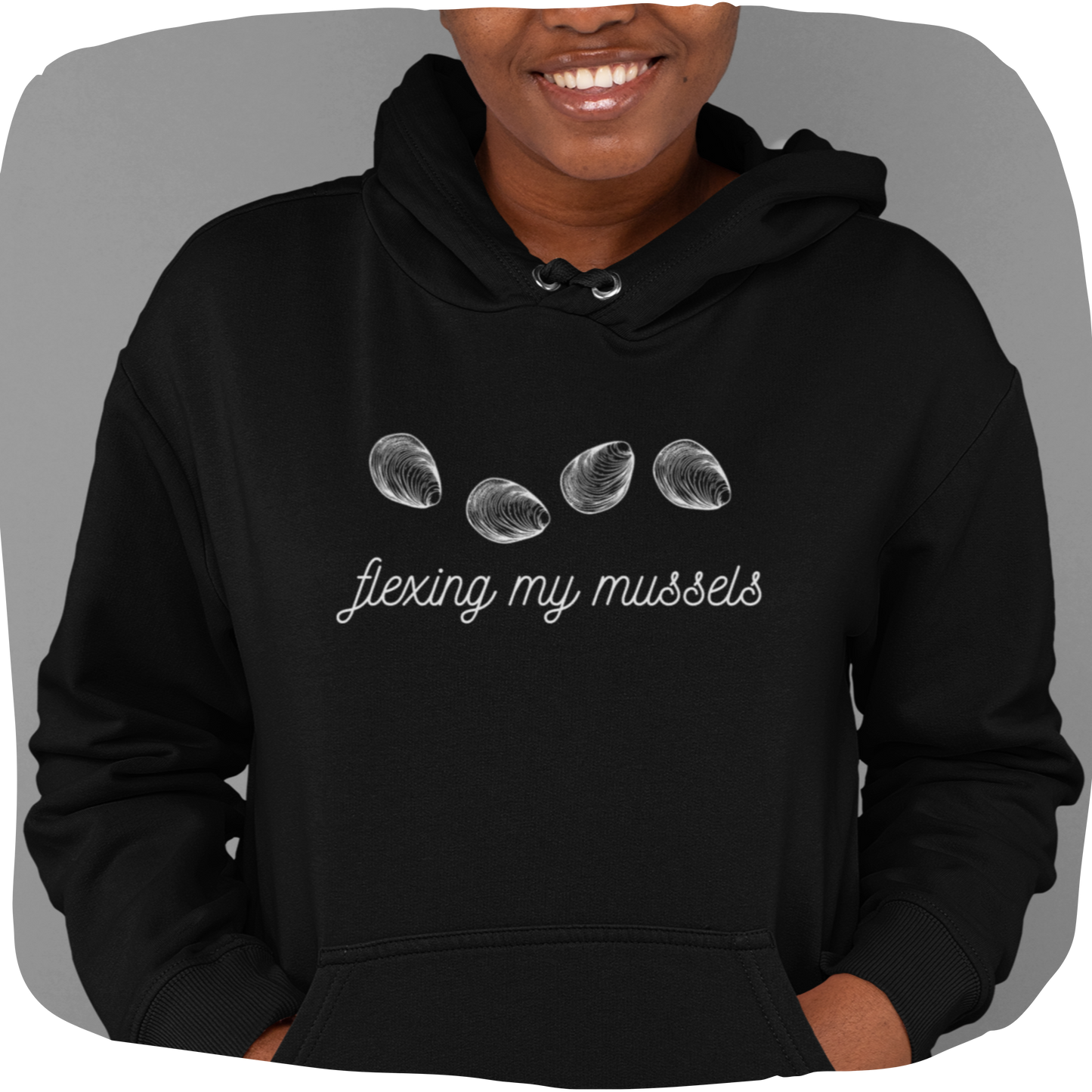 Sweat à capuche en coton bio - Jeu de mots Flexing Mussels